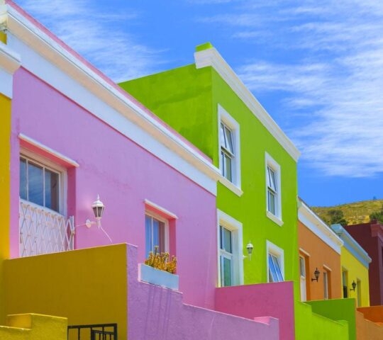 Brightly coloured houses in Bo-Kaap neighbourhood, Cape Town.