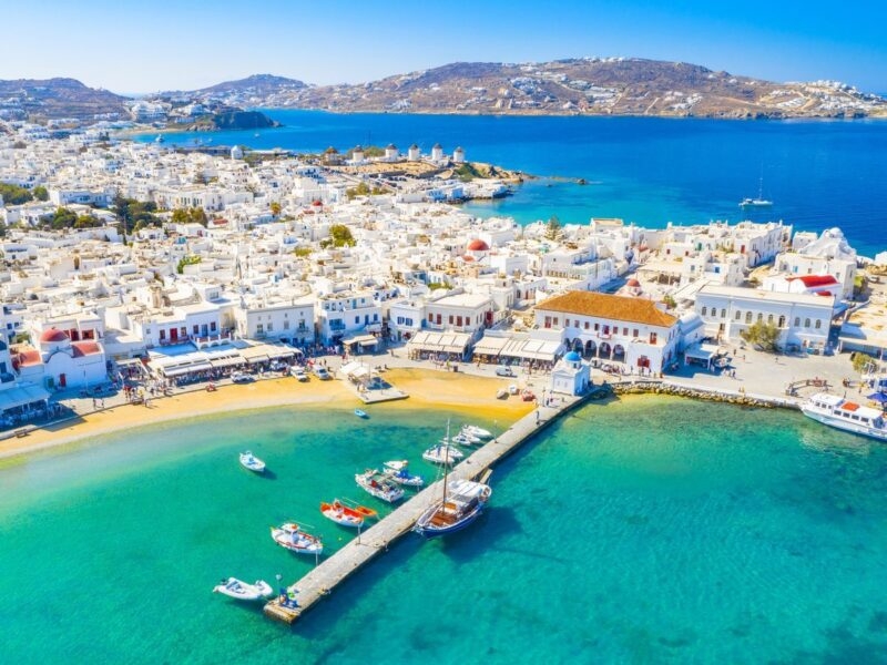 Aerial view of Mykonos town and harbour