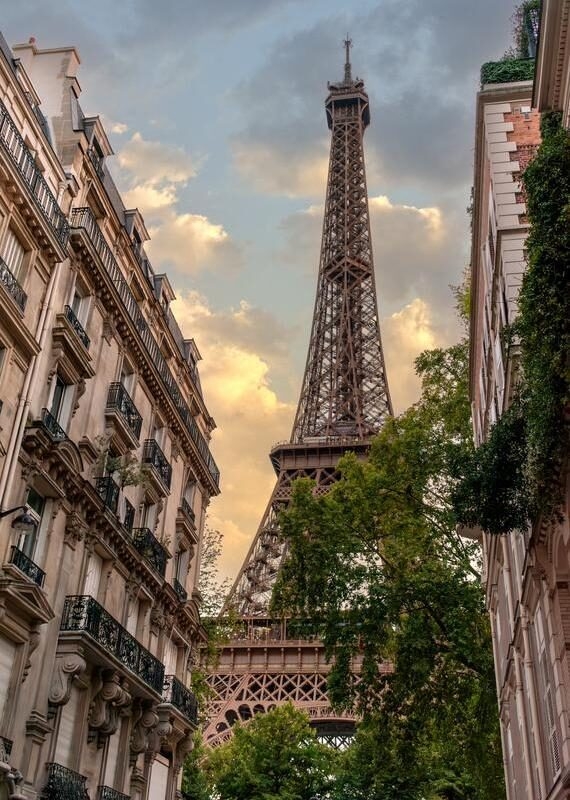 View of the Eiffel Tower from Rue de l'Université in Paris