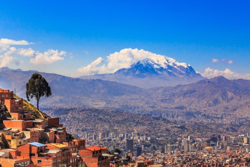 view to the snow cap of Illimani peak and valley of Bolivia