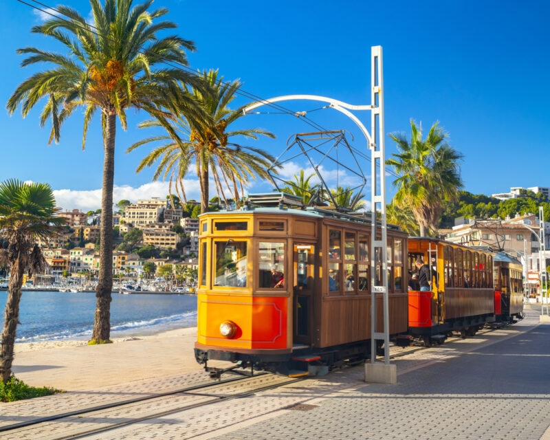 The famous orange tram runs from Soller to Port de Soller, Mallorca, Spain
