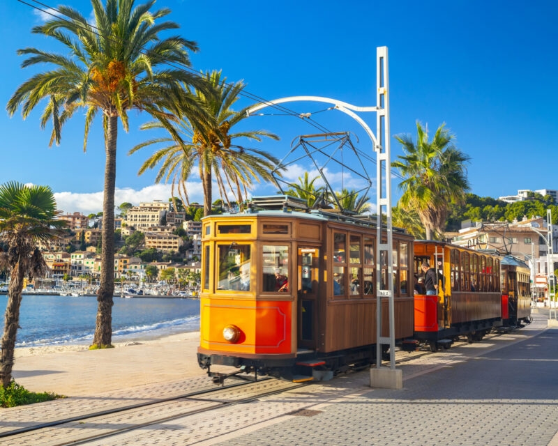 The famous orange tram runs from Soller to Port de Soller, Mallorca, Spain