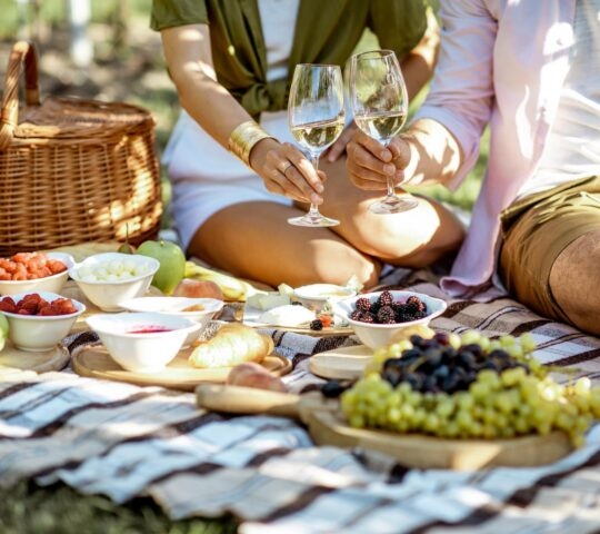 A couple sat on a rug with glasses of wine enjoying a picnic with fresh fruit