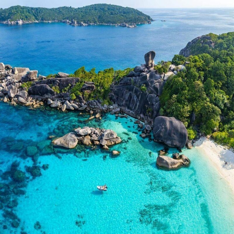 An aerial shot of Similan island in Phang Nga bay in Thailand