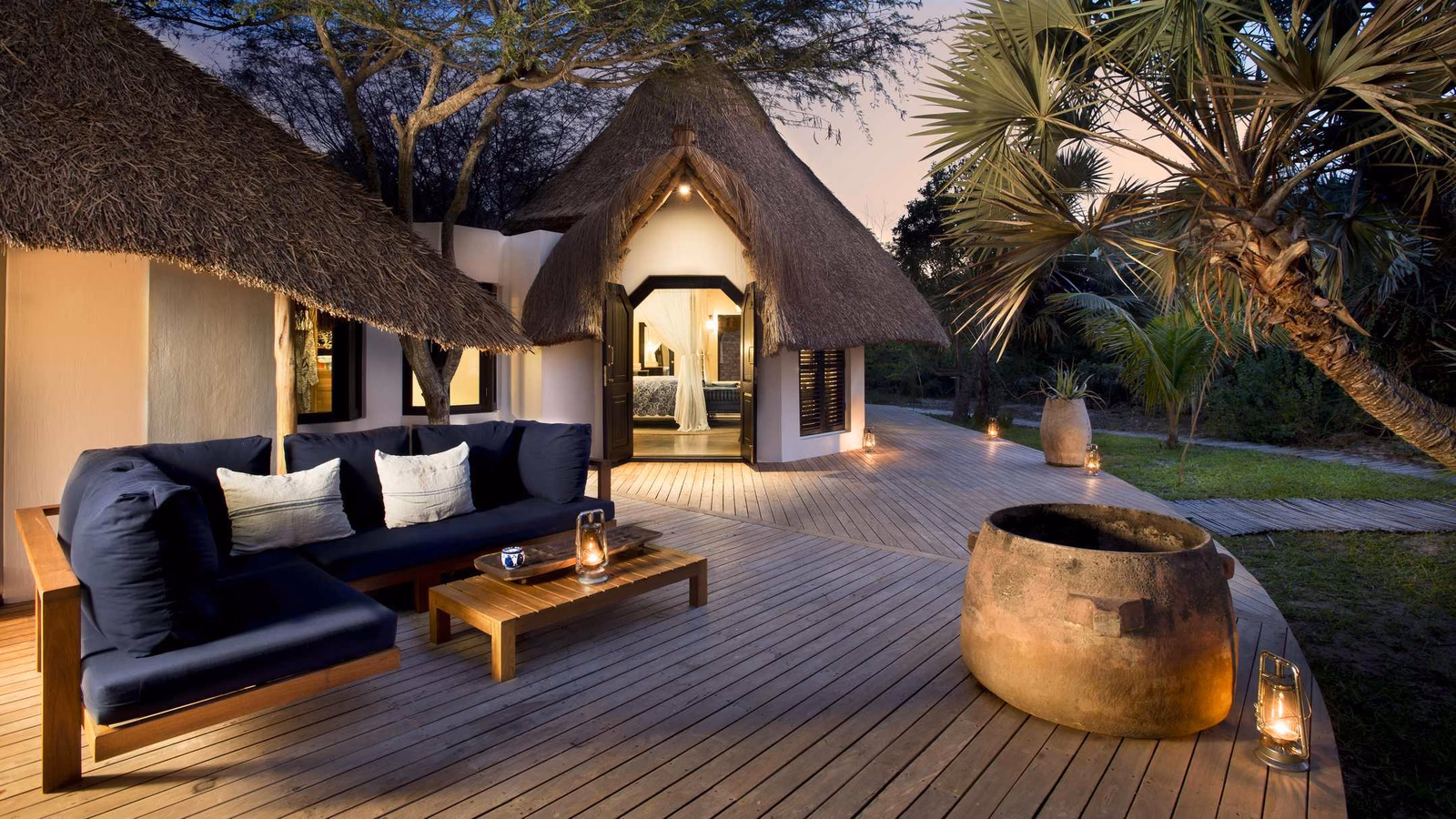 The outside lounge of a casita or villa at andBeyond Benguerra Island.