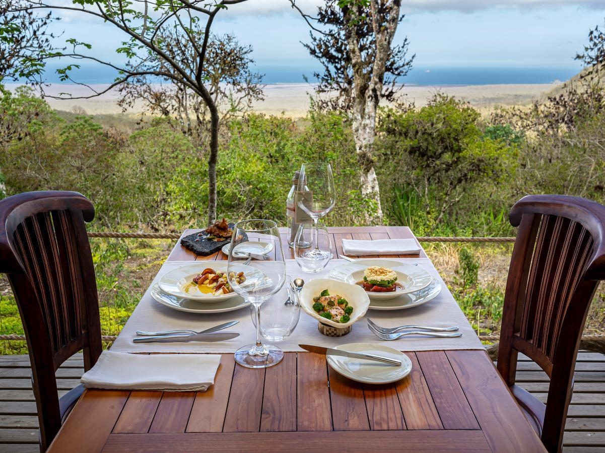 A wooden dining table set for two with gourmet food and wine glasses overlooking a scenic landscape and ocean view.