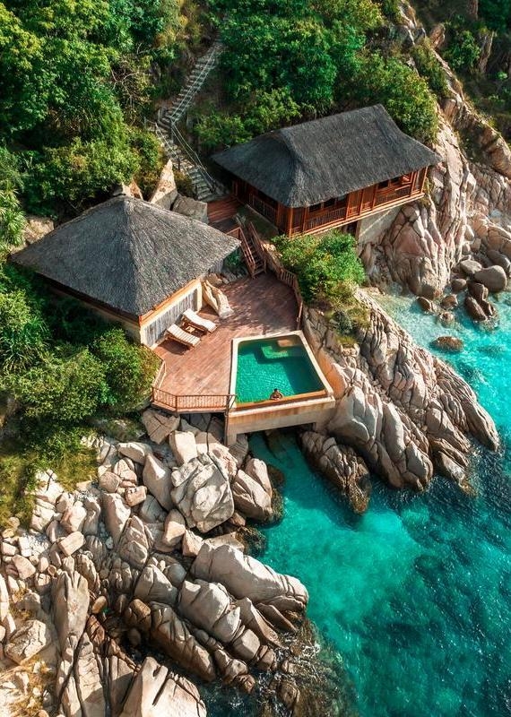 Aerial view of a rock pool villa at Six Senses Ninh Van Bay