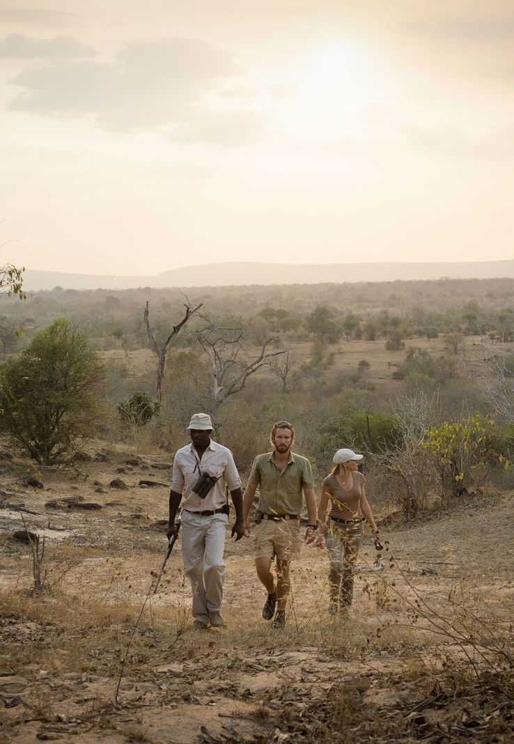 A couple on a walking safari with a guide.