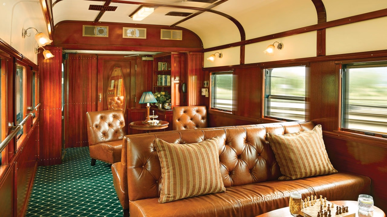 The elegant Club Lounge of a Rovos Rail train in SOuth Africa.
