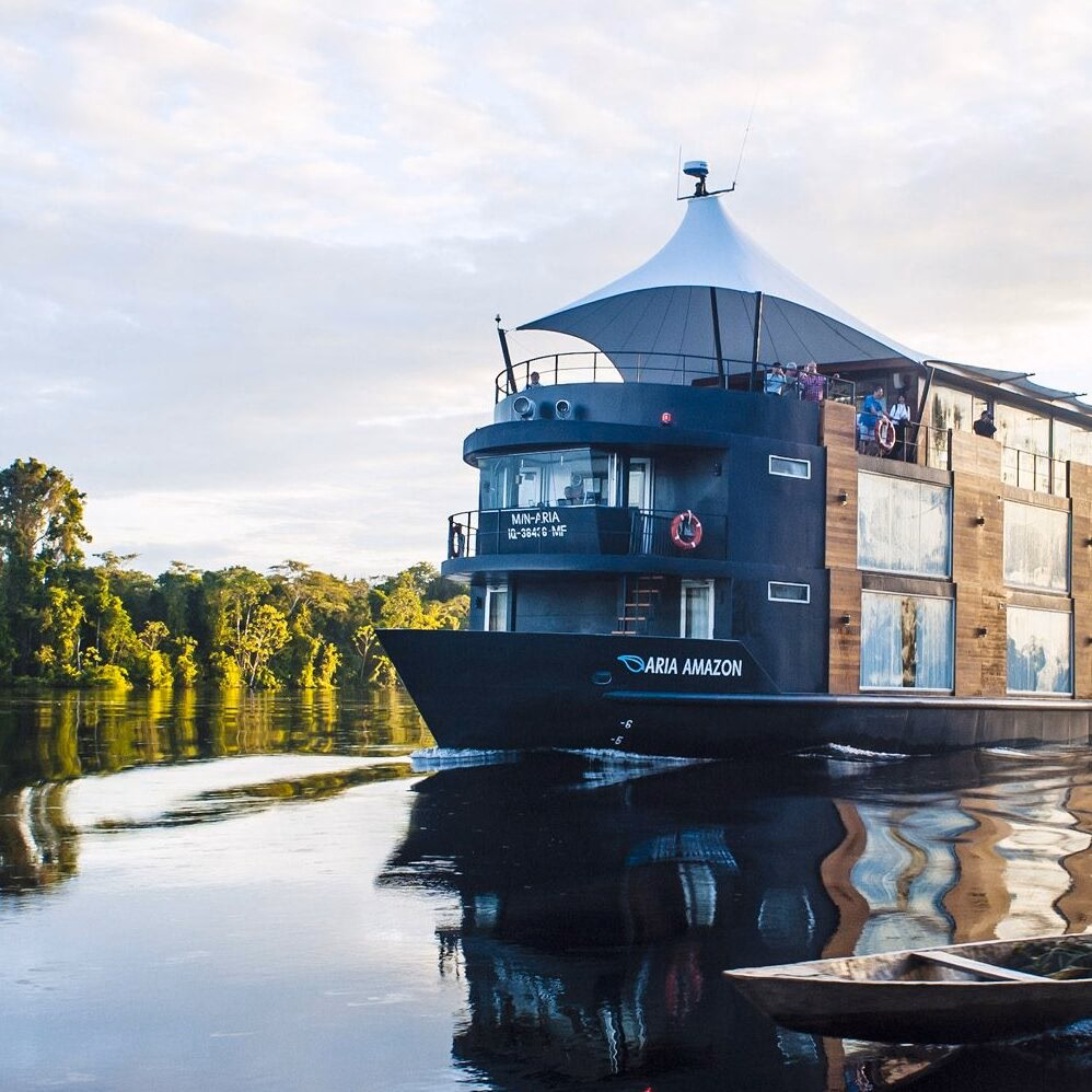 The Aria Amazon boat cruising down the Amazon river in Peru