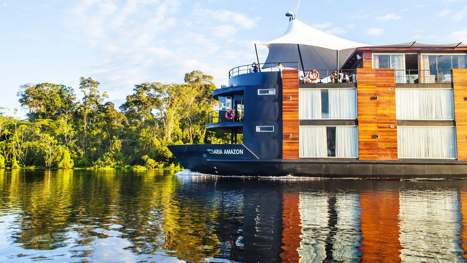 The Aria Amazon riverboat cruising down the Peruvian Amazon