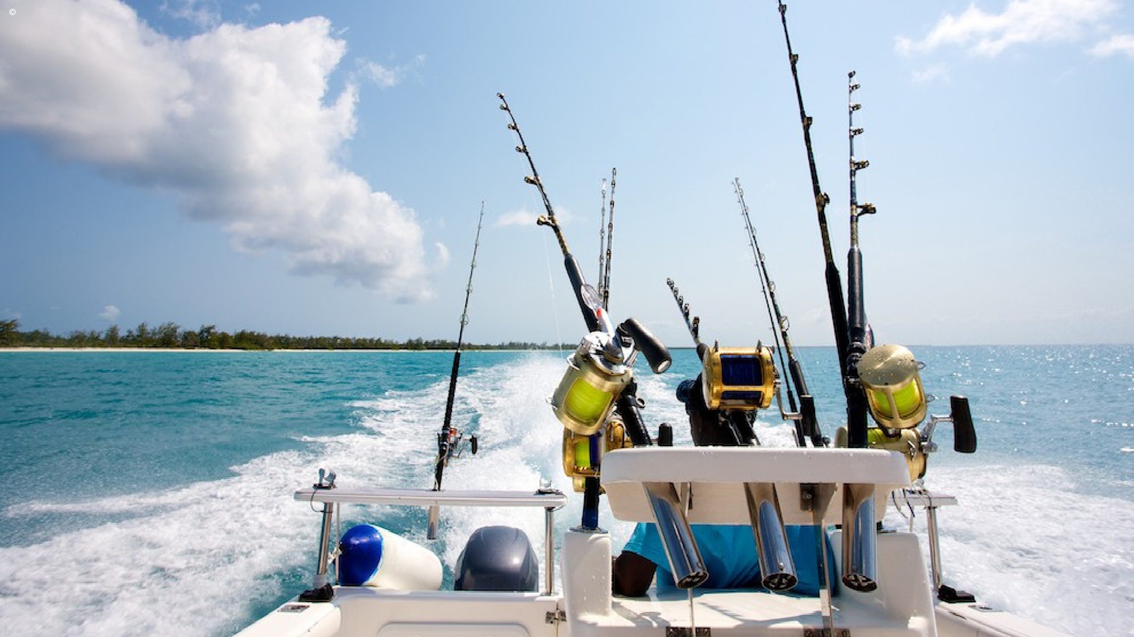 A fishing boat navigating turquoise waters, with multiple fishing rods in holders against a sunny sky and sandy shoreline in the background.
