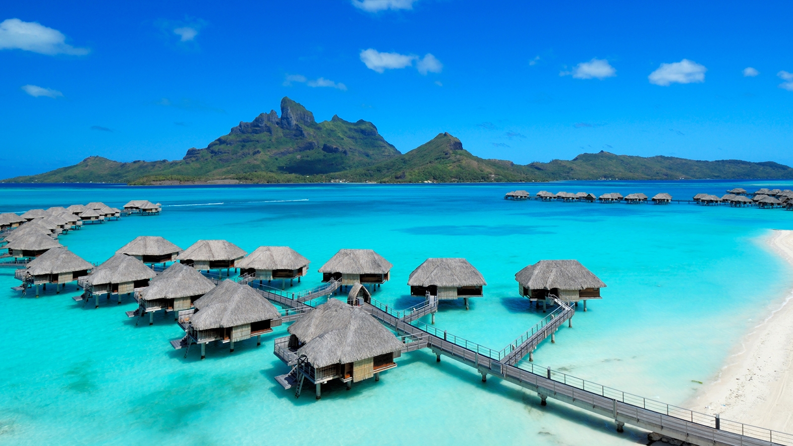 Thatched roof overwater bungalows over clear turquoise water on luxury French Polynesia trips.