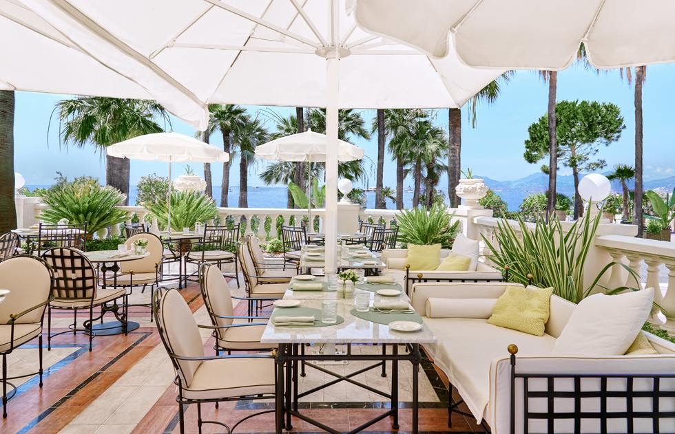 The sea-facing, panoramic terrace at the Riviera restaurant at Carlton Cannes.