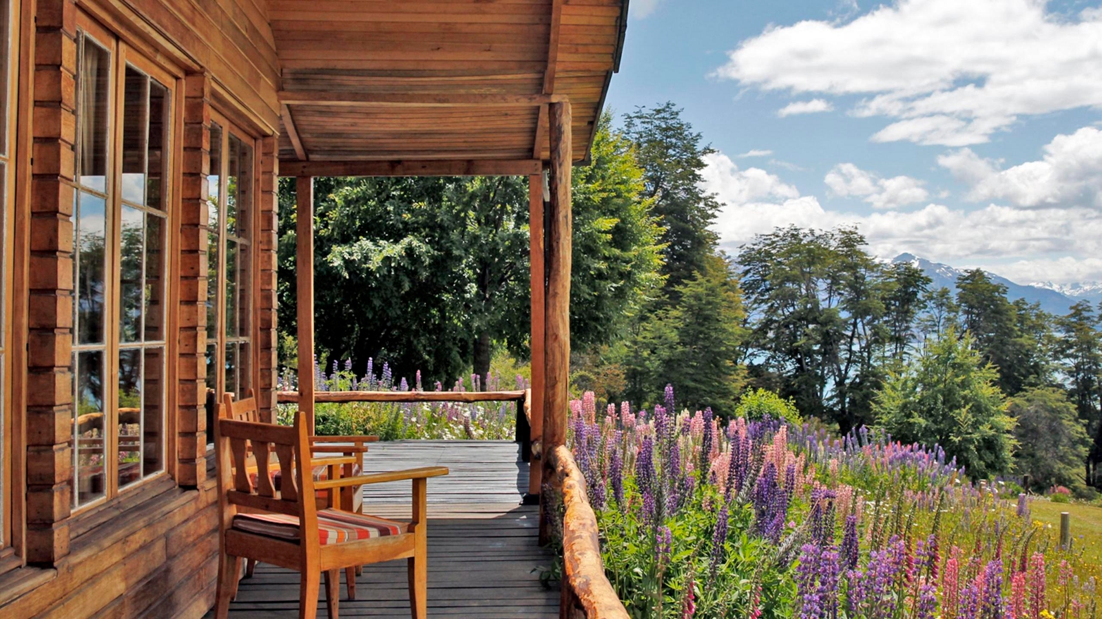 An outdoor terrace overlooking flowers, fields and mountains at Mallin Colorado, Chile
