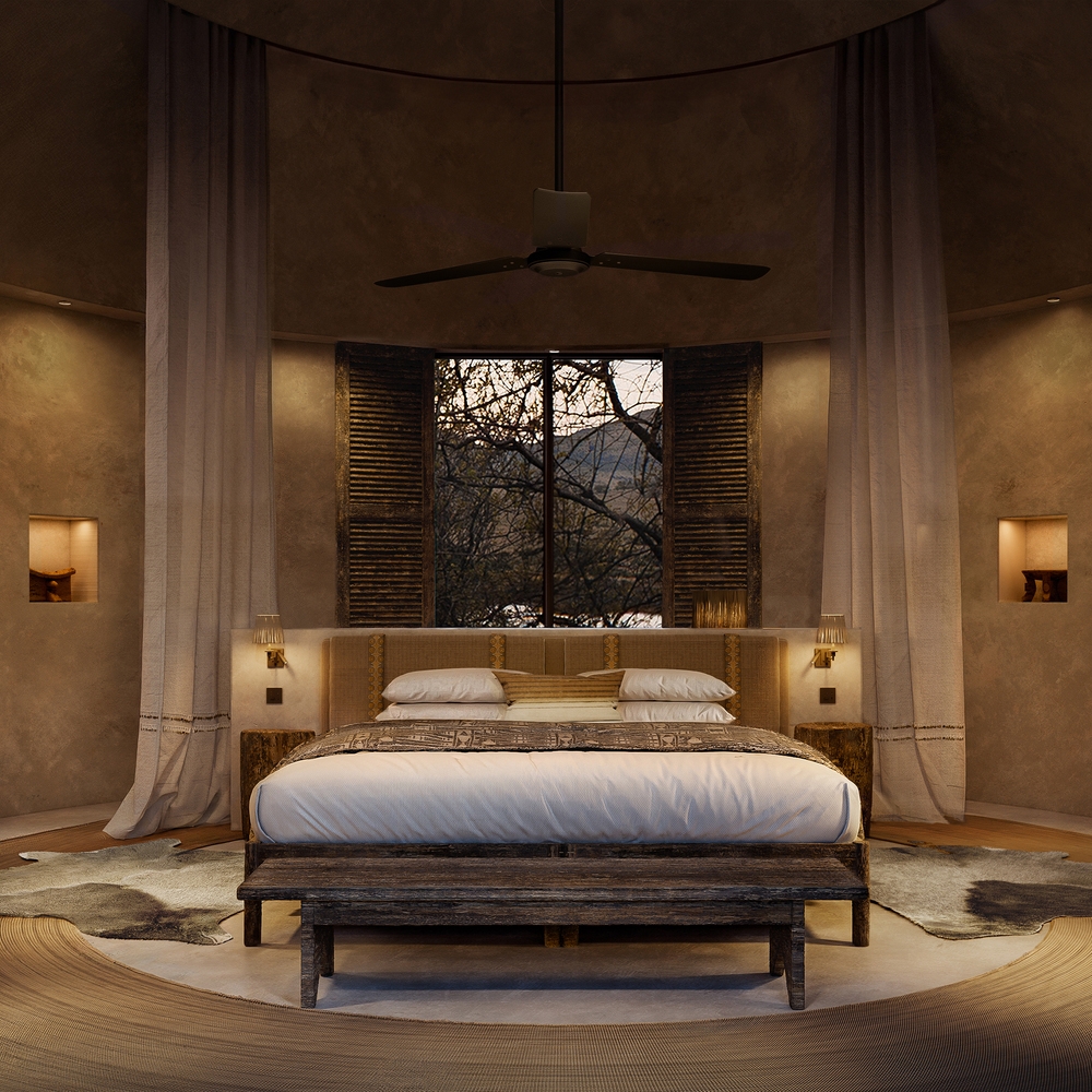 Luxurious bedroom interior with large window, rustic bed, and warm lighting.