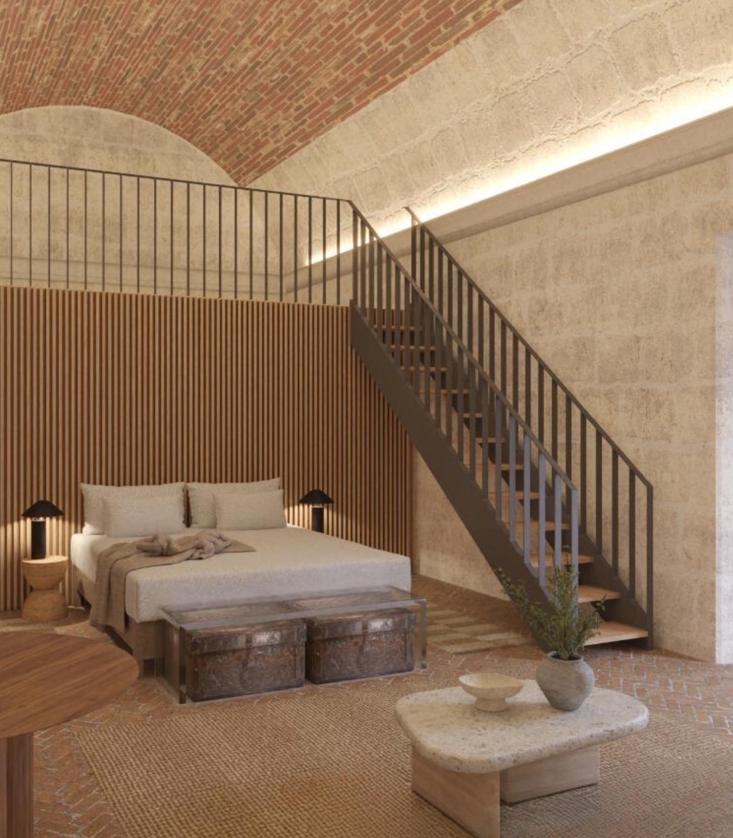 Rustic bedroom with a brick vaulted ceiling, wooden slatted wall, and metal staircase.