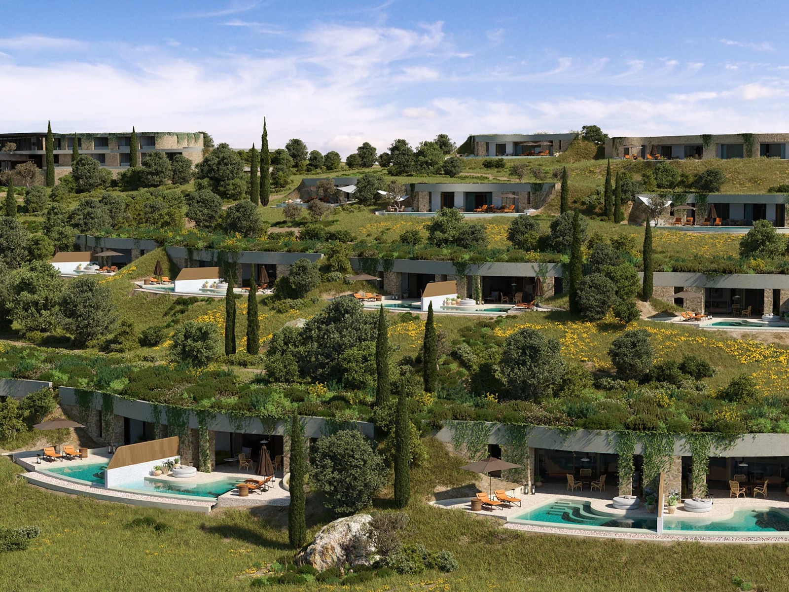 A view of Mandarin Oriental Costa Navarino's villas emerging from a leafy hillside.