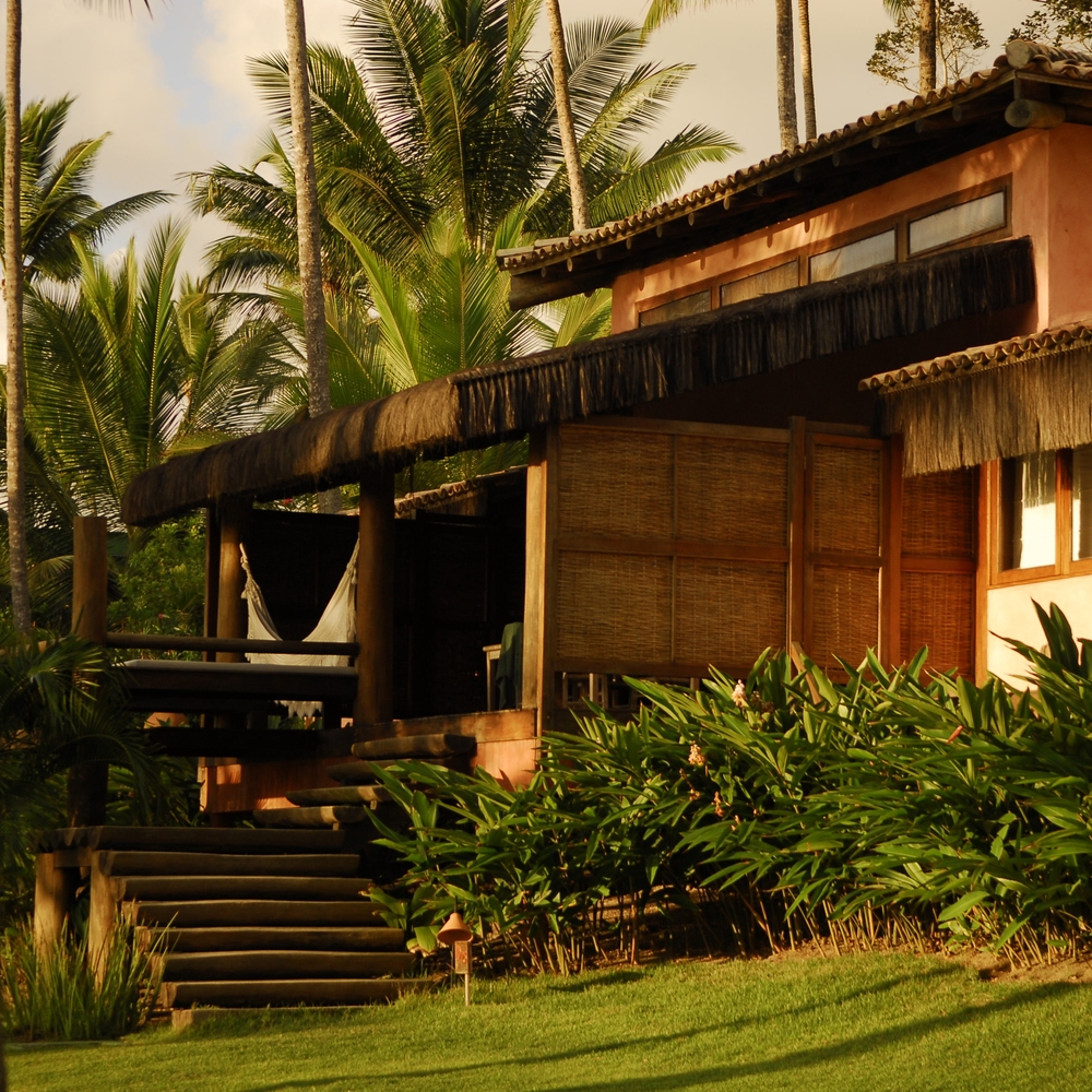 A tropical cabin with bamboo accents, set amidst lush greenery and palm trees, featuring a hammock and wooden steps leading up.