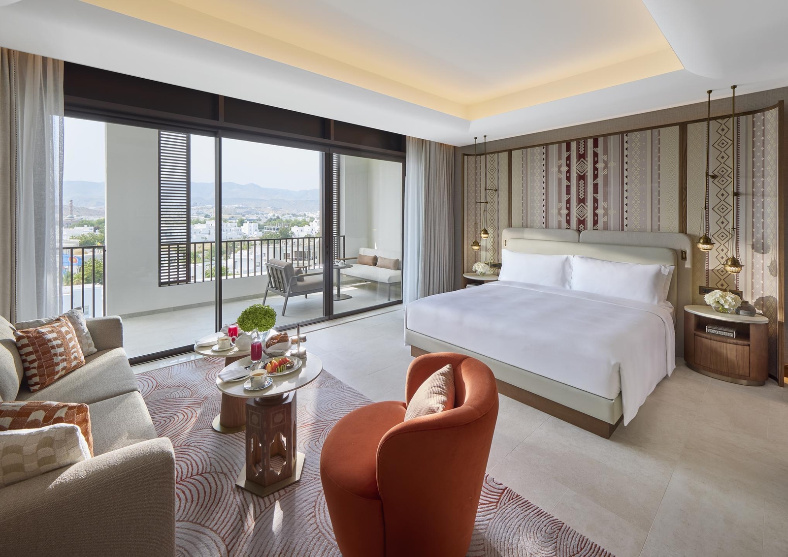 One of Mandarin Oriental Muscat bedrooms looking out to the Hajar Mountains.