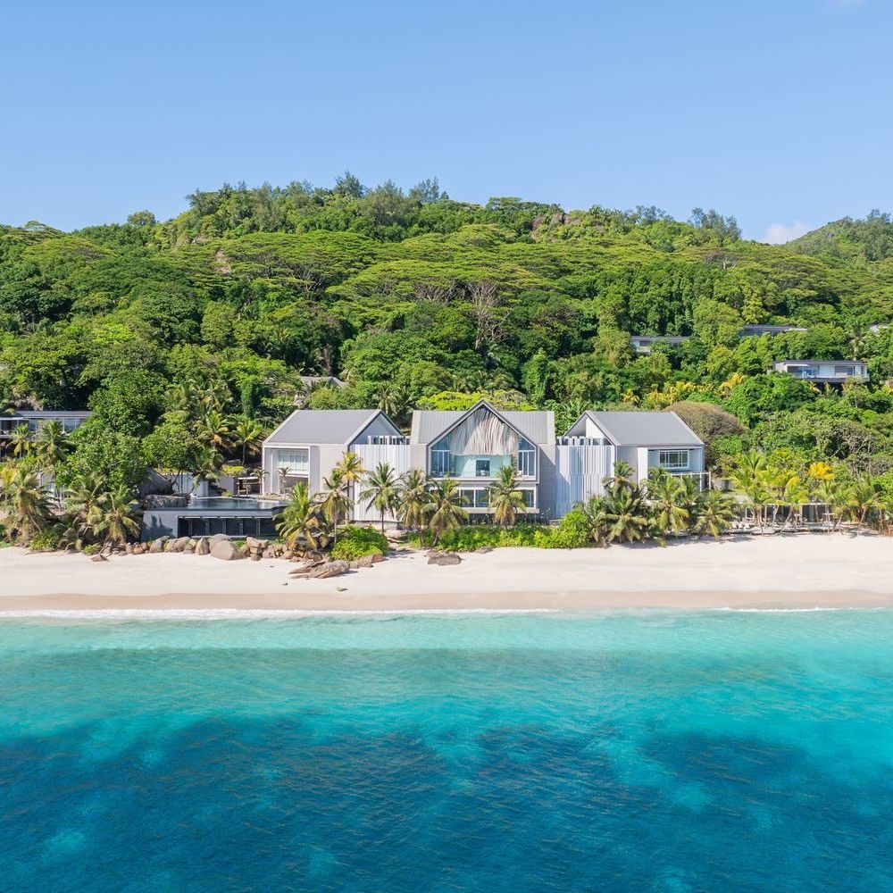 Exterior shot of Cheval Blanc Seychelles from afar.