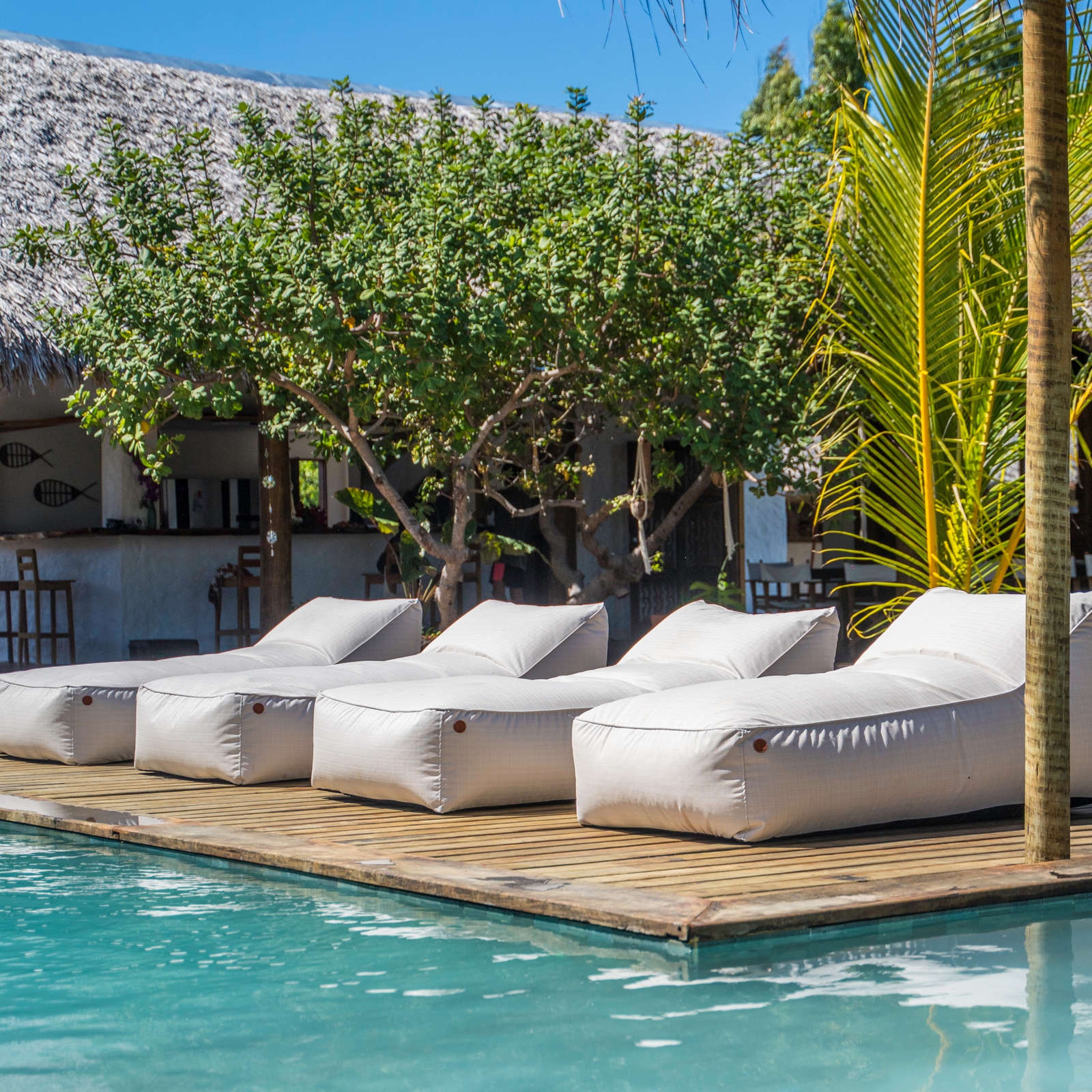 Four white sunloungers alongside a pool with blue water and green ferns and trees in the background.