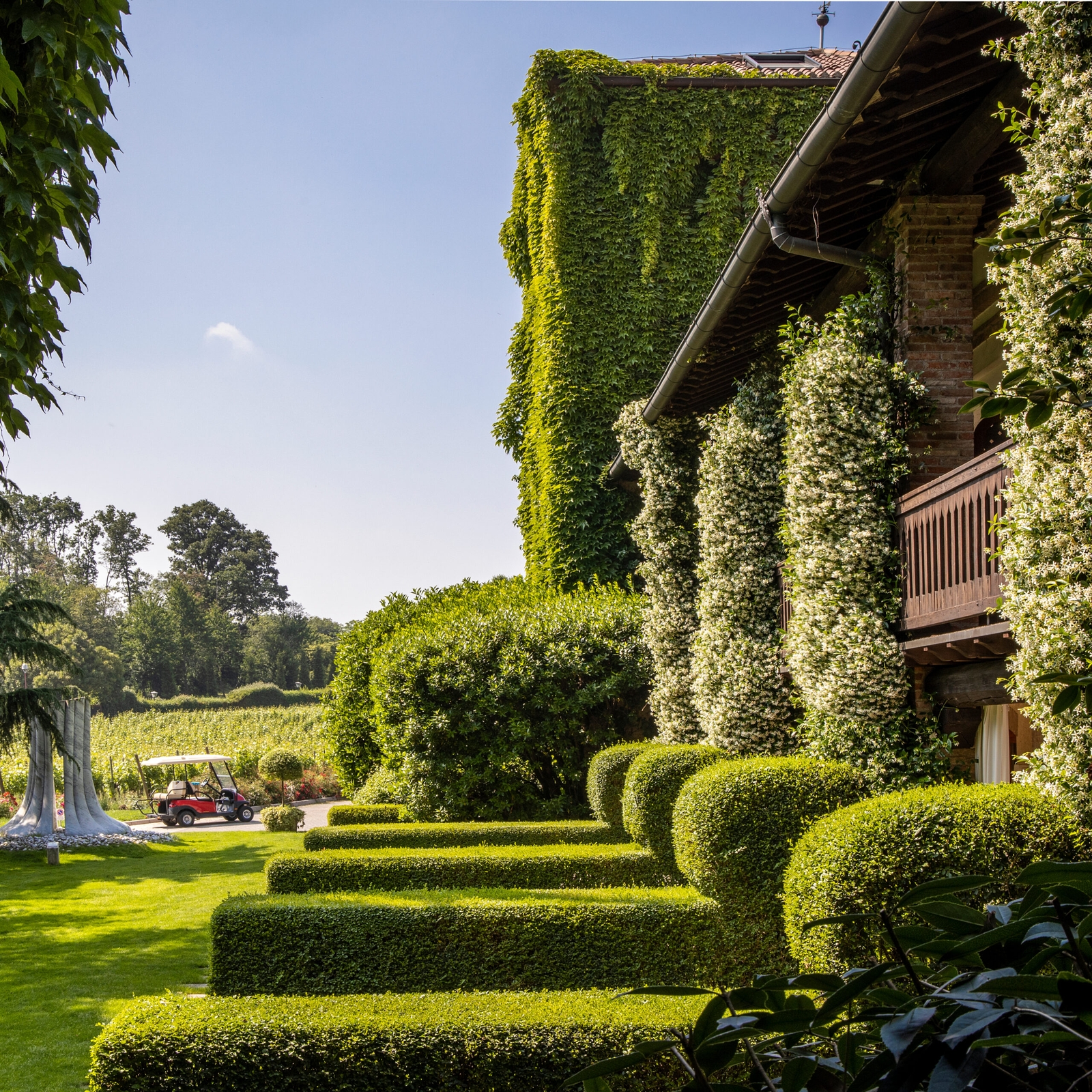Exterior of a villa covered in ivy with lots of hedges and green lawns.
