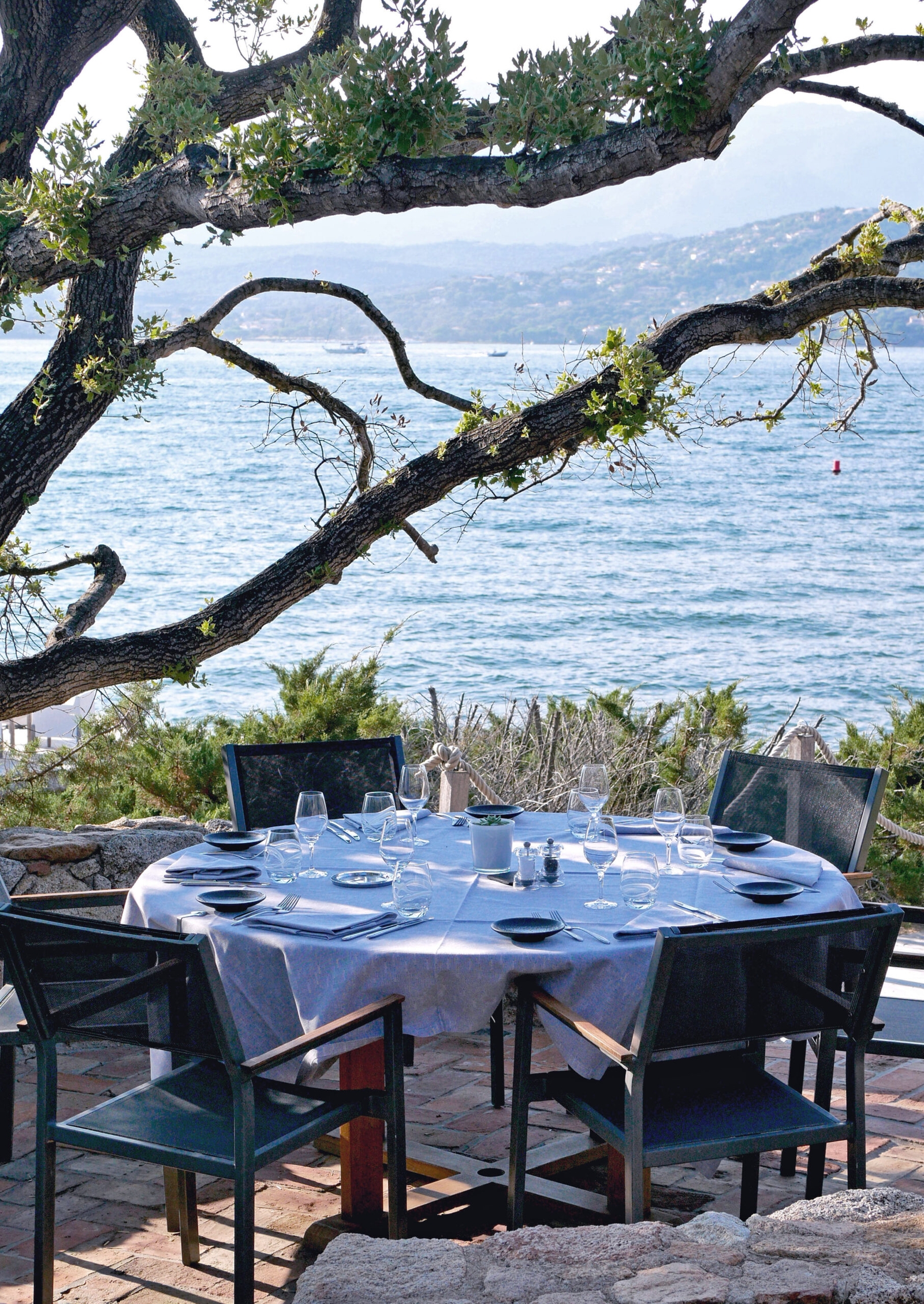Table with four chairs and white tablecloth set up outside under tree branches, with the sea beyond.