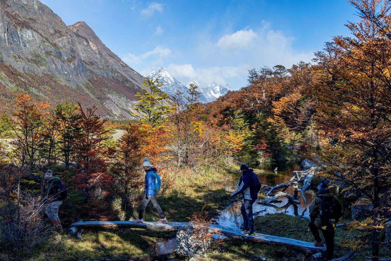 A group of people crossing a bridge on a hiking trip in a remote corner of Patagonia.