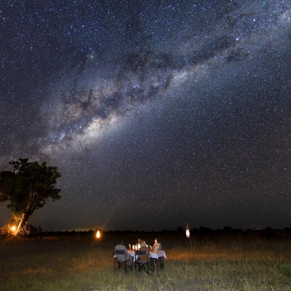 Wide shot of people dining at a small table under a vast, brilliant starry night sky in the African wilderness.