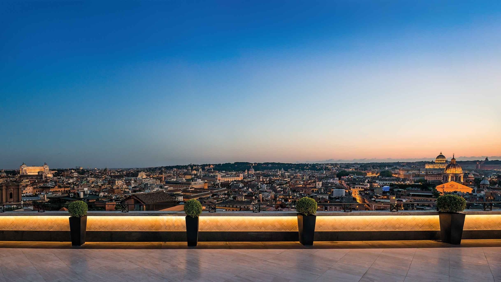 The seventh floor terrace at Hotel Hassler Roma has panoramic views across the city, and is the perfect spot for sundowners.