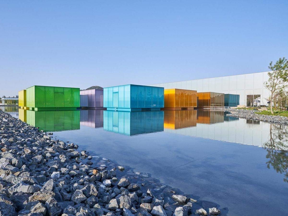 The floating colourful glass galleries at Simose Art Garden Villa
