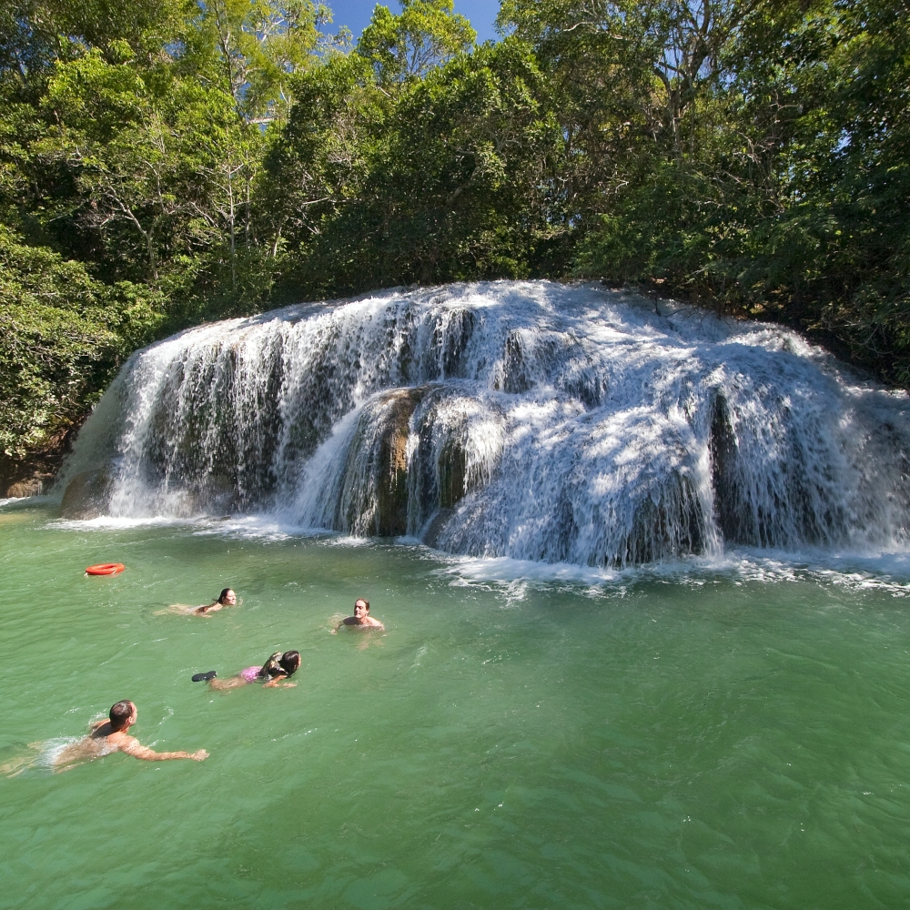 Large waterfall spilling over rocks with trees beyond and in the foreground a green natural pool with a few people swimming.