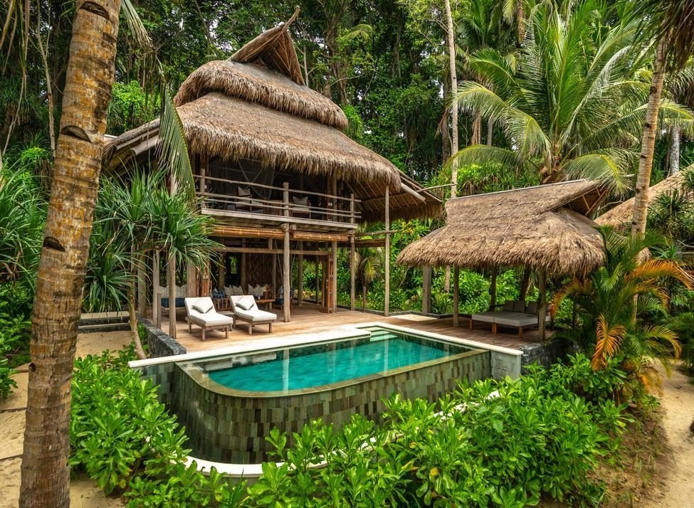A villa viewed from the outside, with a thatched roof and two sun loungers by a small, turquoise pool, all surrounded by palm trees.