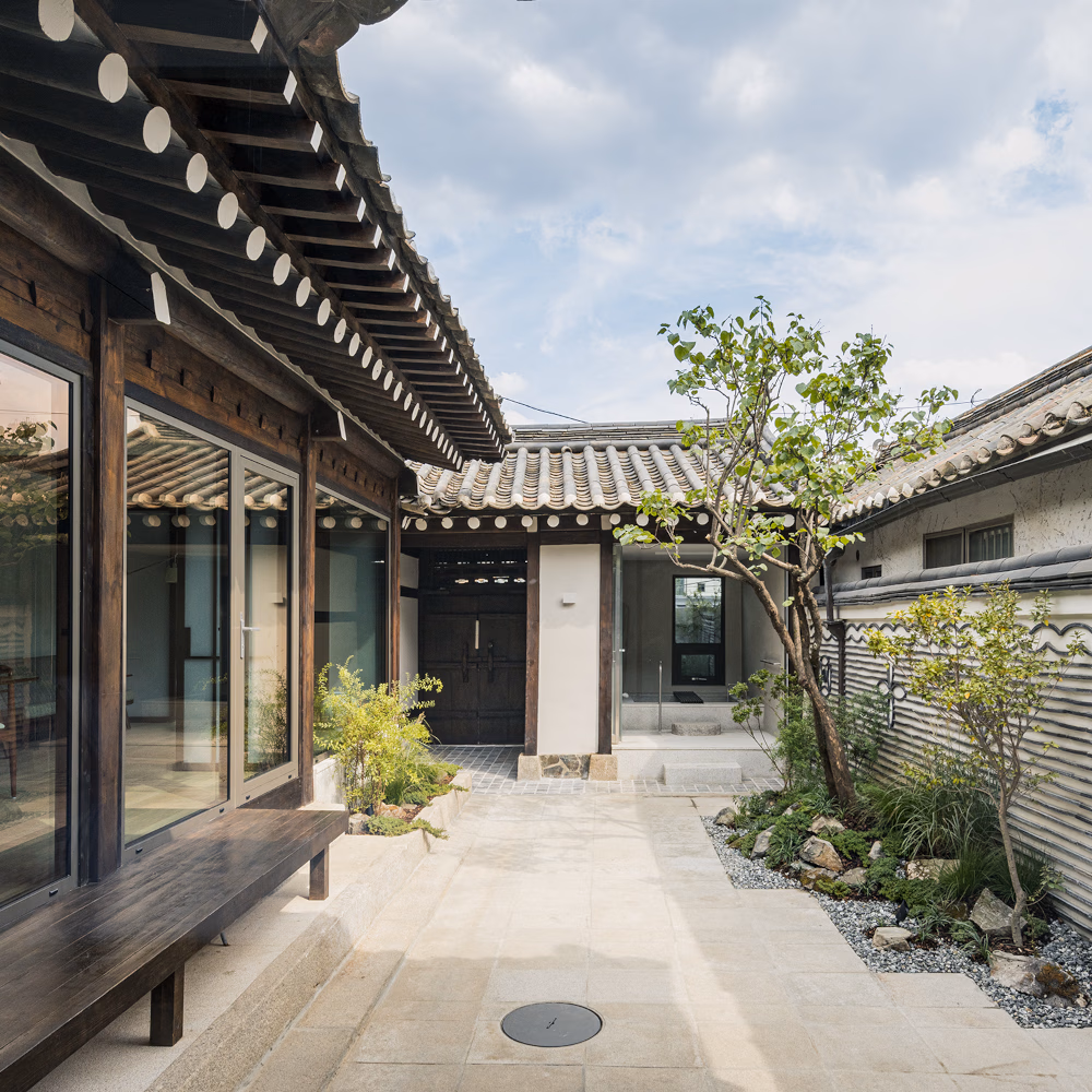 A traditional Korean hanok house in daytime with a tree growing in the centre and floor-to-ceiling windows.