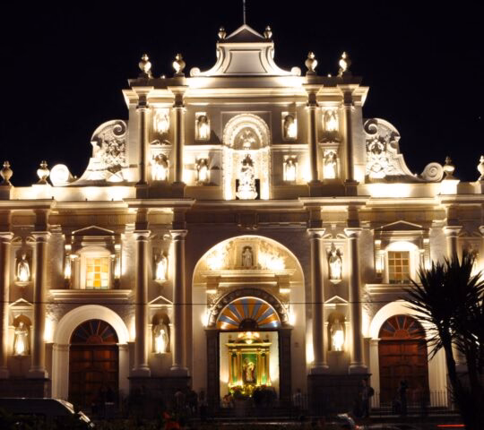 Exterior of El Convento illuminated at night, situated in Antigua, Guatemala