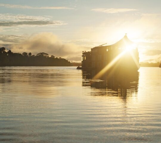 The Aria Amazon riverboat cruising down the Amazon river in Peru