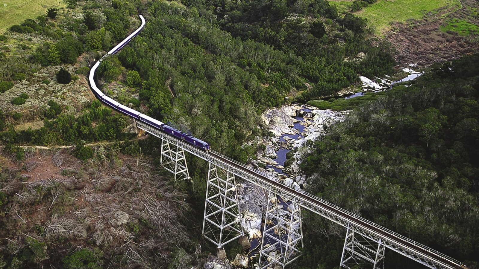 An aerial view of a train on a high trestle bridge for luxury South Africa rail holidays.