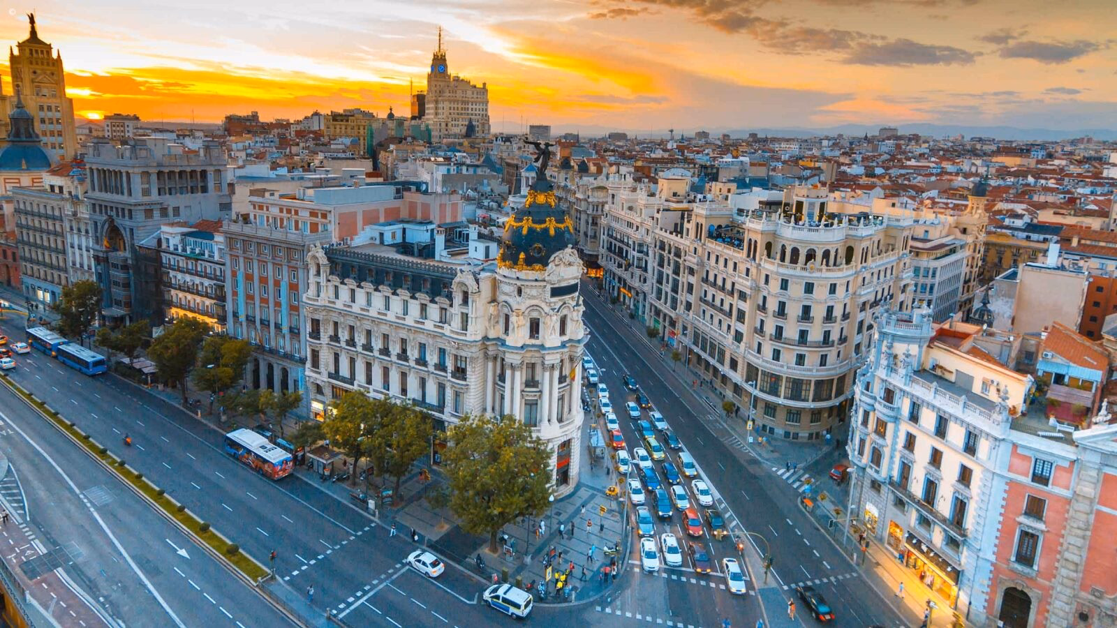Sun setting over Gran Via, Madrid, Spain