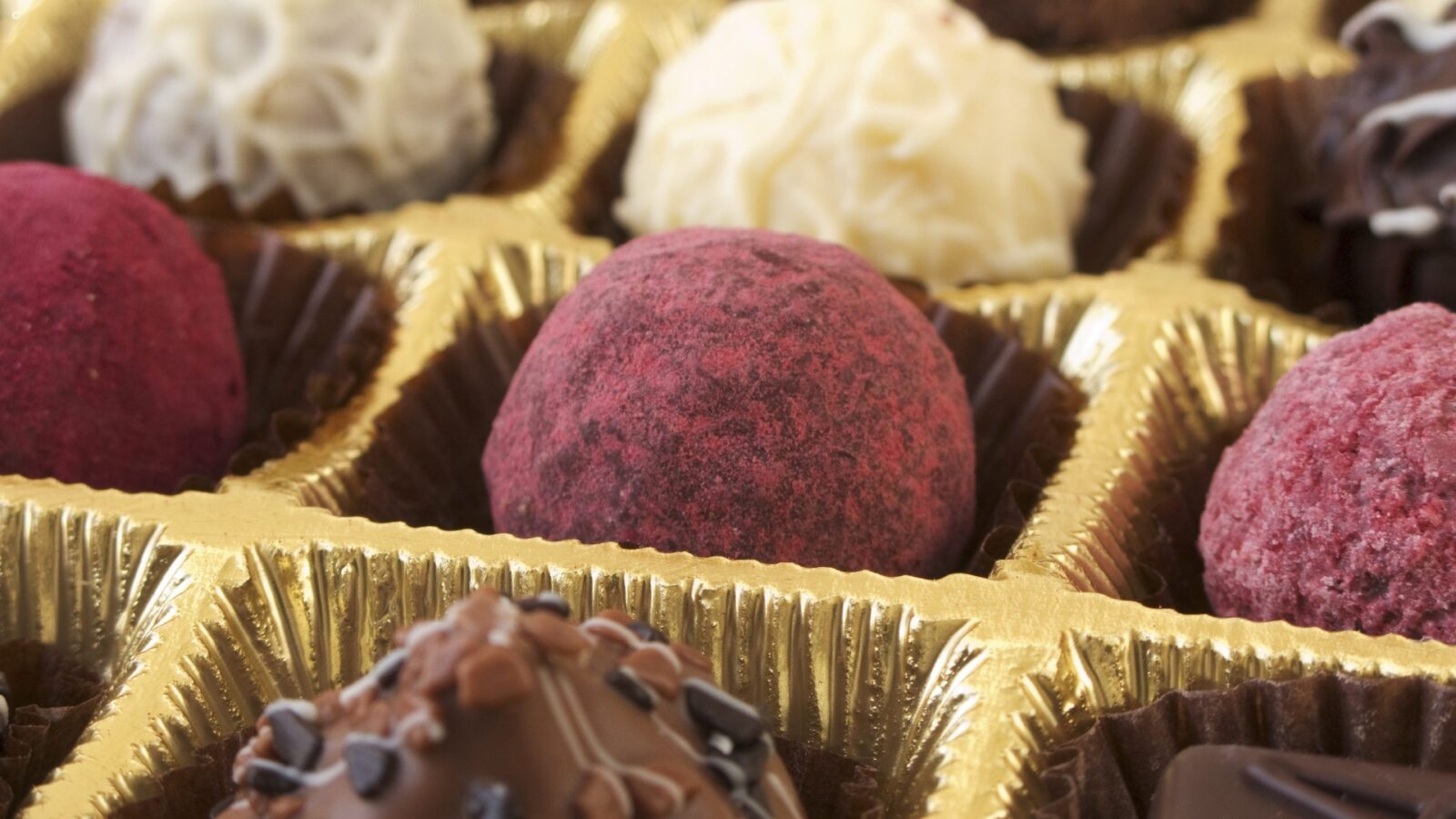 Close up of chocolate dusted truffles ina. gold box