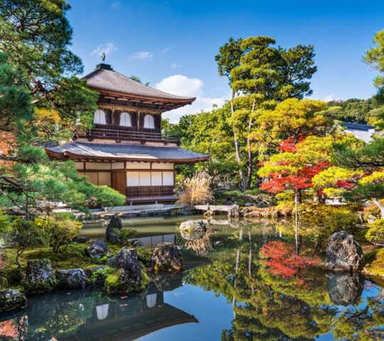 A traditional Japanese wooden pavilion reflects in a still pond surrounded by lush green trees and manicured gardens.