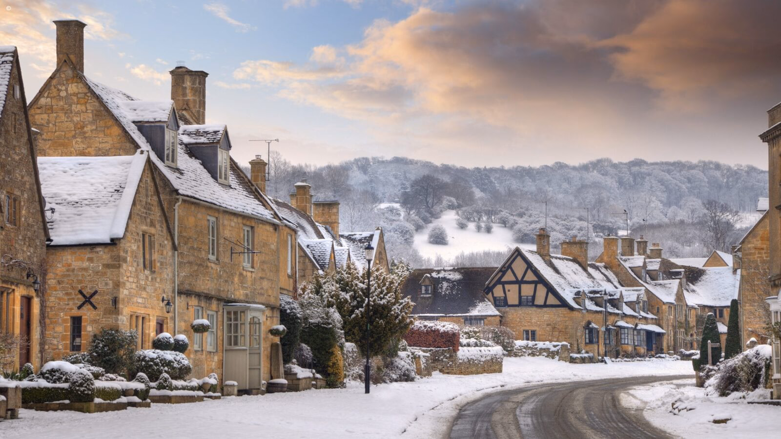 Snowy Streets Cotswolds England UK