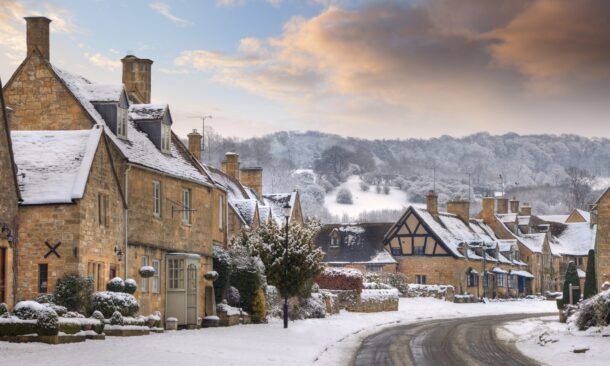Snowy Streets Cotswolds England UK