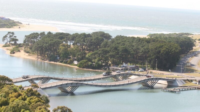 High-angle view of a unique wavy bridge over water, surrounded by green trees and a coastal road.