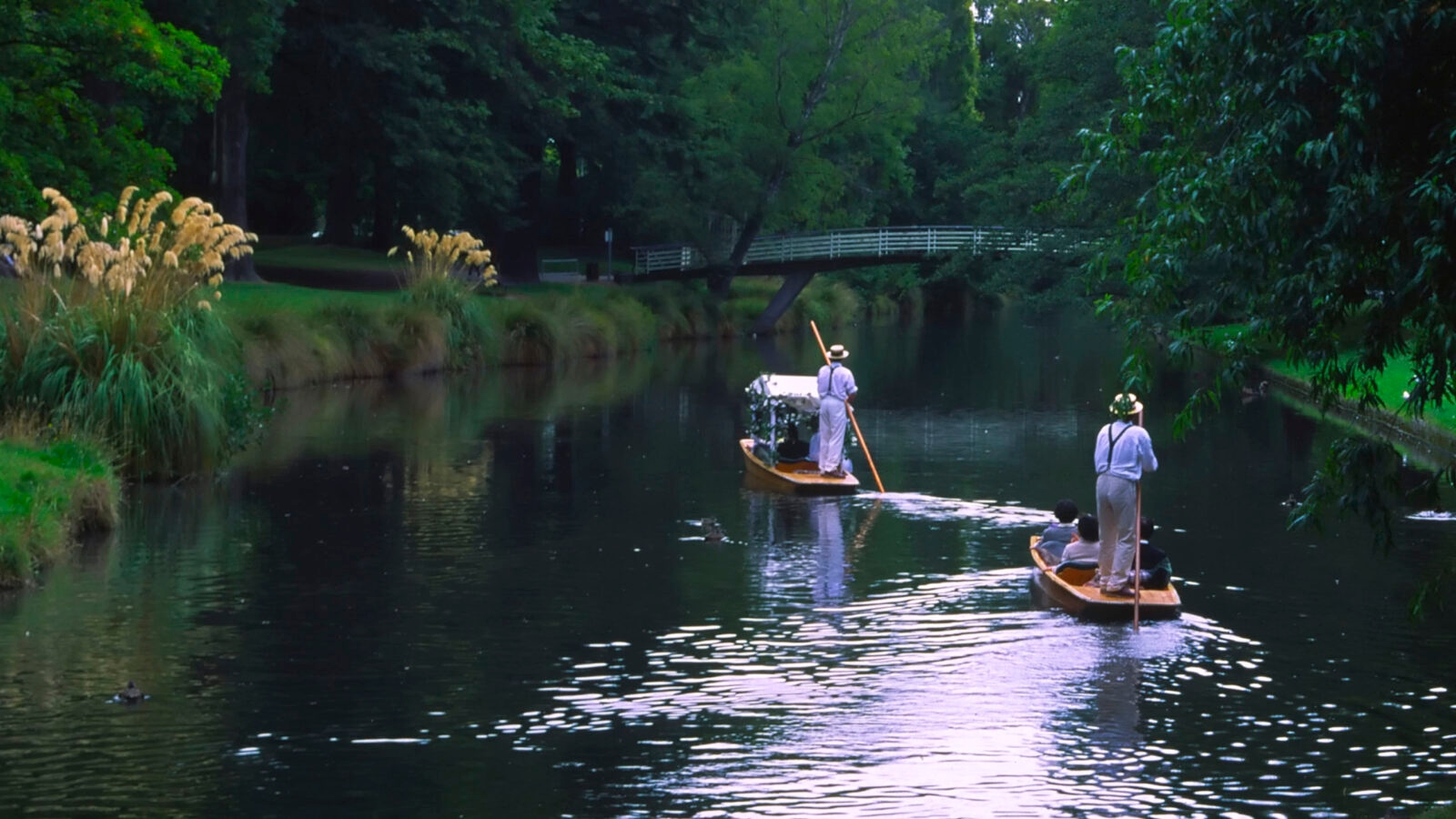 "Wedding Party in boats in Christchurch Botanical Gardens, New Zealand"