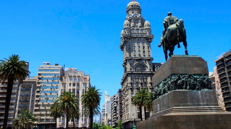 View from behind a large equestrian monument in a city square with palm trees and a historic skyscraper.