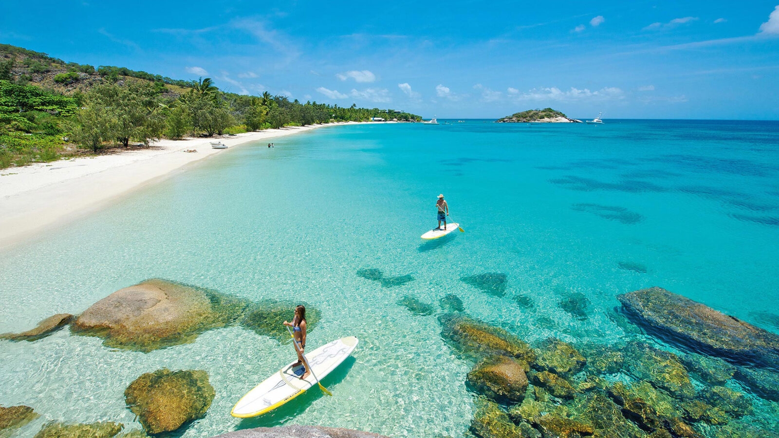 People paddle boarding in crystal clear shallow water by a white sand beach on Lizard Island, Australia
