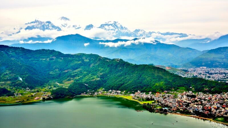 View of Pokhara lake with Annapurna in background, Nepal