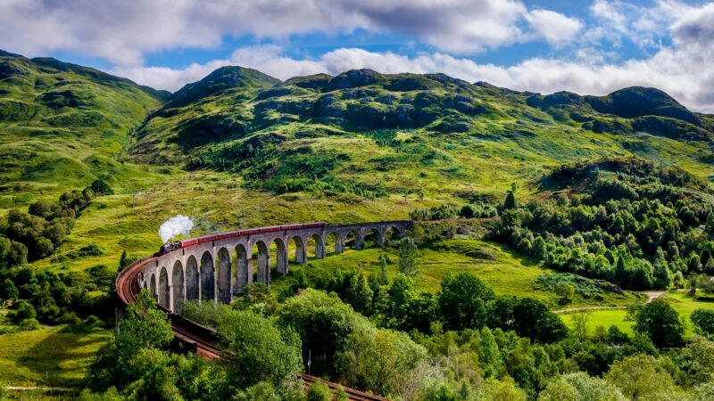 A steam train on the Glenfinnan Viaduct