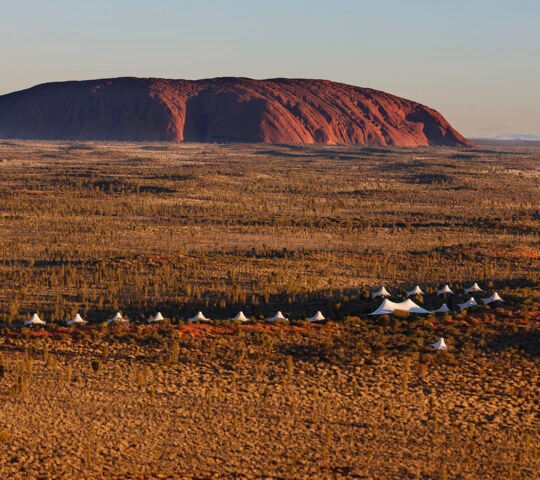 Wide shot of Uluru under a clear sky with several white pointed tents scattered across the desert scrub in the foreground.